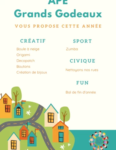 Affiche annonçant le programme de l'année prévu par l'APE des Grands Godeaux (Association des Parents d'Elèves).