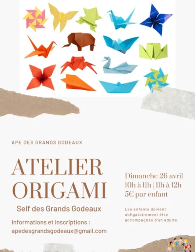 Affiche pour l'atelier Origami organisé par l'APE des Grands Godeaux (Association des Parents d'Elèves).