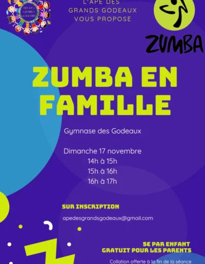 Affiche pour l'atelier Zumba organisé par l'APE des Grands Godeaux (Association des Parents d'Elèves).